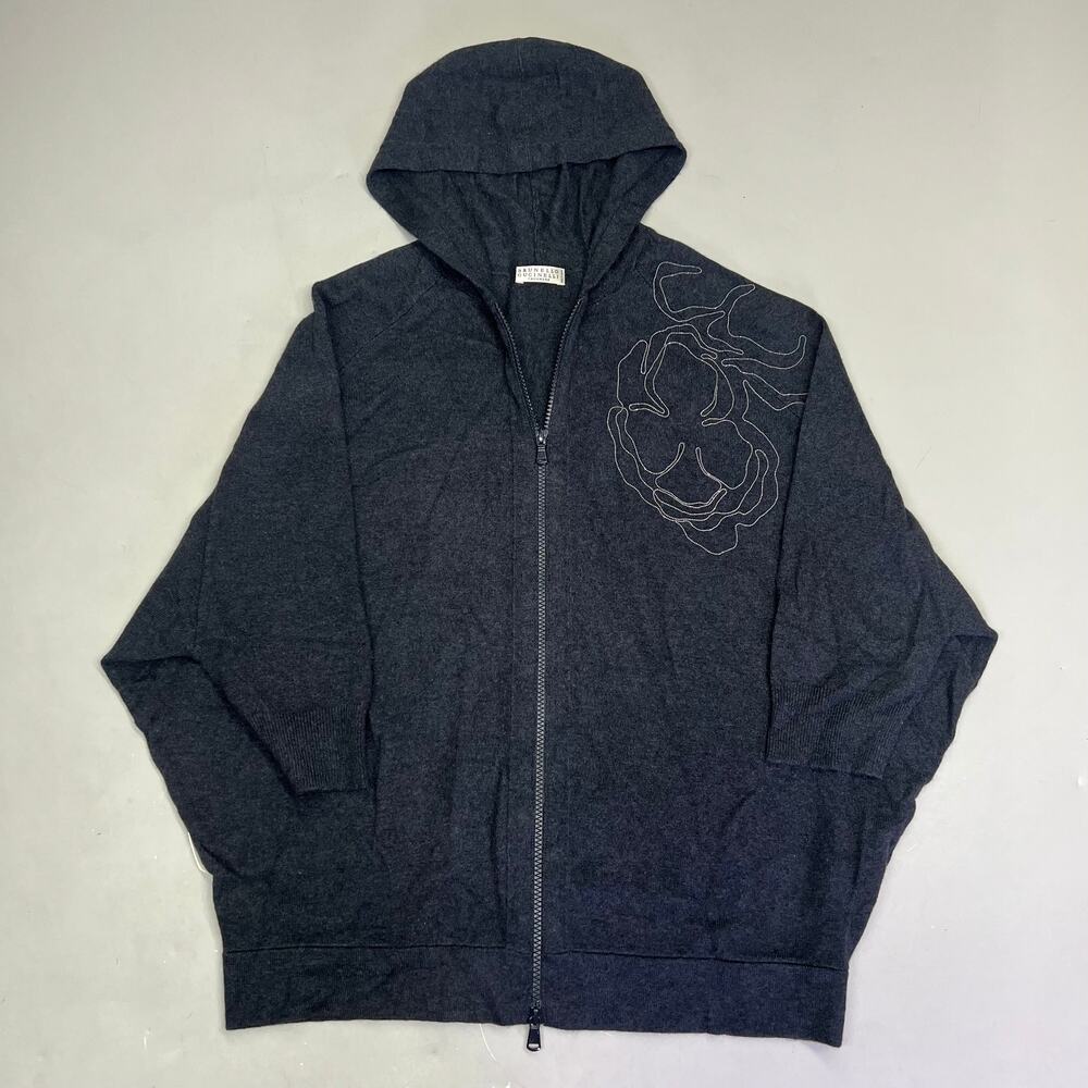 BRUNELLO CUCINELLI Mid Sleeve Cashmere Sweater Flower Detail Women's Sz L Gray